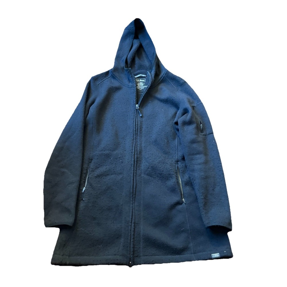 LL Bean Jacket Womens Large Black Hooded Full Zip Fleece Long Coat